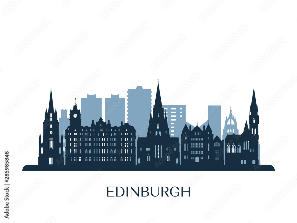 Edinburgh skyline, monochrome silhouette. Vector illustration.