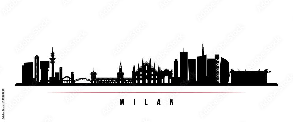 Obraz premium Poziomy baner panoramę Mediolanu. Czarno-biała sylwetka Mediolanu, Włochy. Szablon wektor dla swojego projektu.