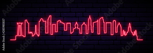 Red neon skyline of Bangkok City. Bright Bangkok City long banner. Vector illustration.