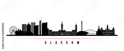 Glasgow City skyline horizontal banner. Black and white silhouette of Glasgow City, Scotland. Vector template for your design.