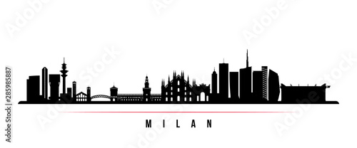 Milan City skyline horizontal banner. Black and white silhouette of Milan City, Italy. Vector template for your design. photo