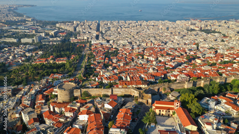 Aerial drone photo of iconic byzantine Eptapyrgio or Yedi Kule medieval fortress overlooking city of Salonica or Thessaloniki, North Greece