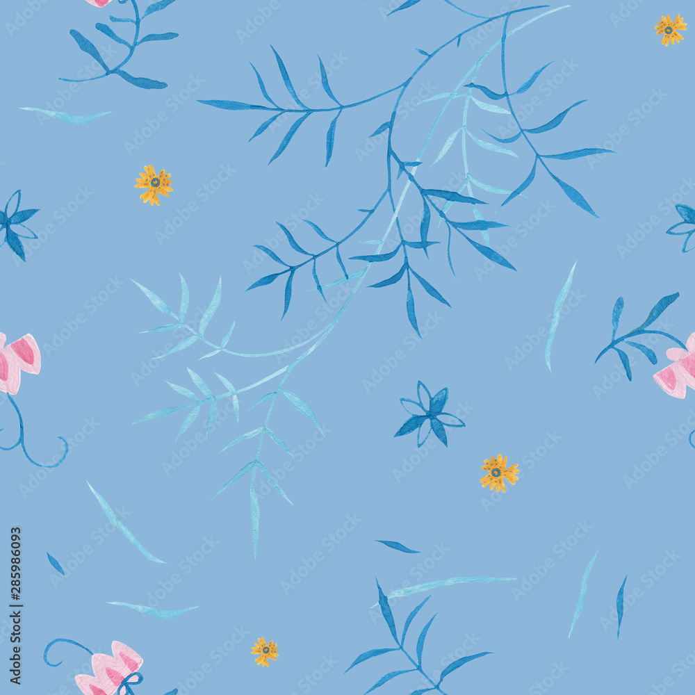 Obraz premium Bluestone pattern design. Wrapping gift paper flower decoration. Hand painted gouache elegant leaves and twigs. Elegance Middle Ages floral ornament. Floral seamless pattern for Mediterranean decor