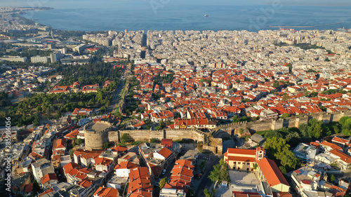 Aerial drone photo of iconic byzantine Eptapyrgio or Yedi Kule medieval fortress overlooking city of Salonica or Thessaloniki, North Greece