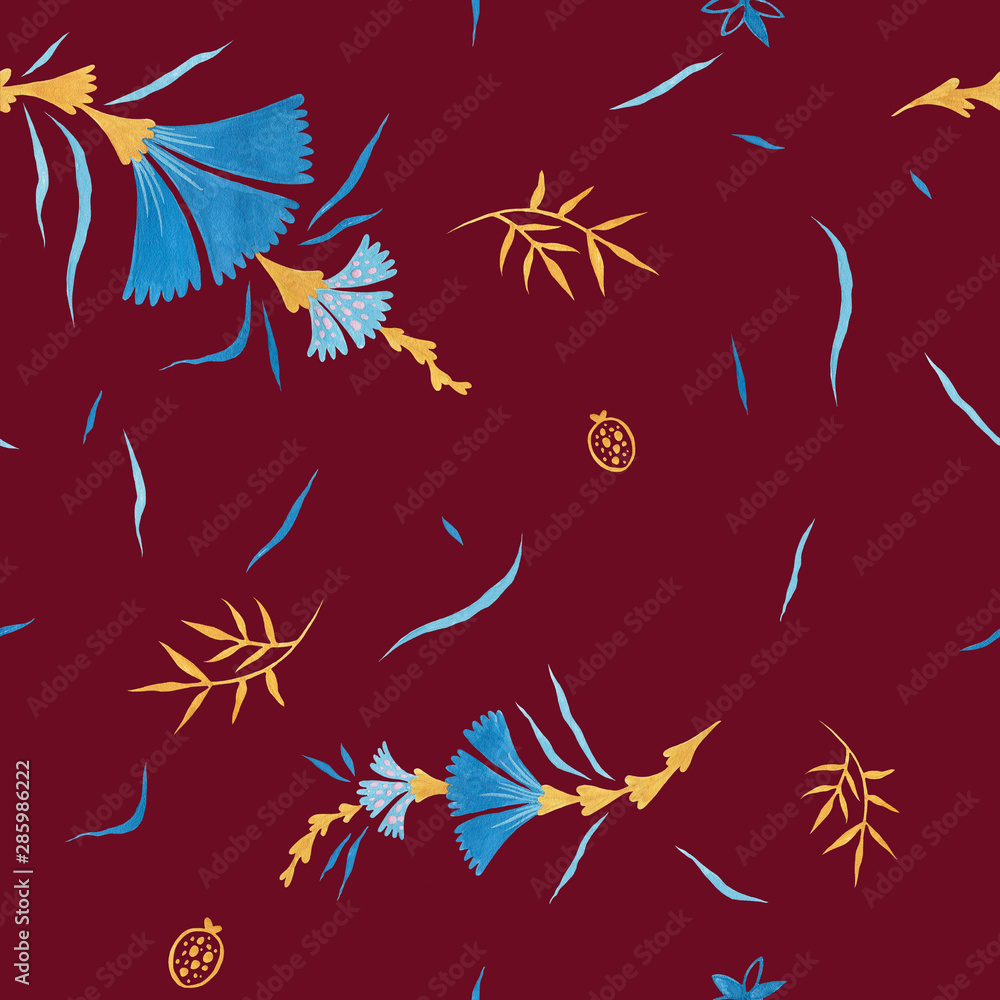 Biking red color modern illustration plate decoration. Repeating leaves, petal thorns pattern. Soulful flora expression. Mediterranean cloth yard decor. Elegance plate serving seamless ornament