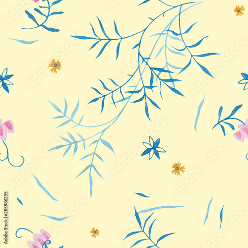 Fototapeta Naklejka Na Ścianę i Meble -  Vanilla color pattern. Wrapping gift paper flower decoration. Hand painted gouache elegant leaves and twigs. Elegance Middle Ages floral ornament. Floral seamless pattern for Mediterranean decor