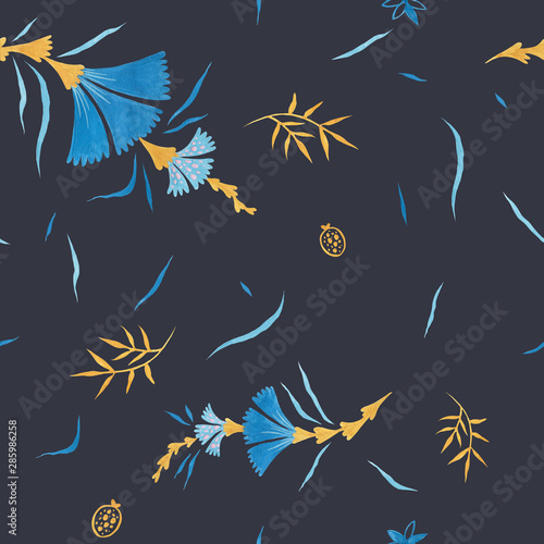 Evening blue pattern design. Wrapping gift paper flower decoration. Hand painted gouache elegant leaves and twigs. Elegance Middle Ages floral ornament. Floral seamless pattern for Mediterranean decor