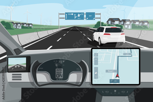 Self driving car on a road. Autonomous vehicle. Inside view. Vector illustration EPS 10