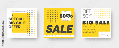 Set of white and yellow web banners for big and mega sale with square design elements and black arrows.