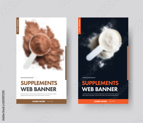 Set of black and white vector vertical web banner templates for sports supplements with place for photo