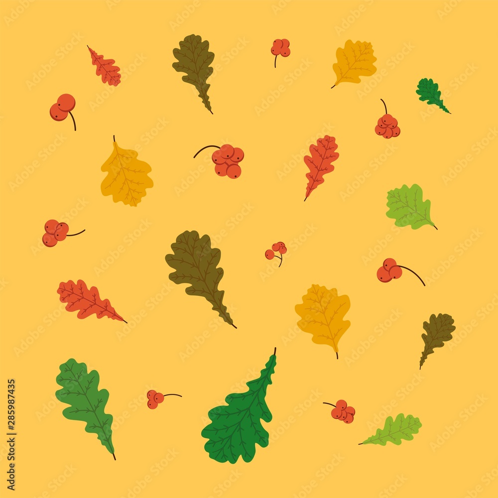 Autumn leaves set with oak. Berries of Rowan. Fall leaf design. Orange background. Illustration. Foliage forest leaf. Red, Green, brown and yellow falling leaves vector Autumn leaves set with oak. Berries of Rowan. Fall leaf design. Orange background. Illustration. Foliage forest leaf. Red, Green, brown and yellow falling leaves vector