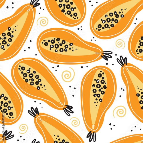 Hand drawn seamless pattern with papaya fruits. Healthy nutrition background, diet or lifestyle backdrop. Organic food, smoothie bar or support farmers market concept for kitchen textile, banners