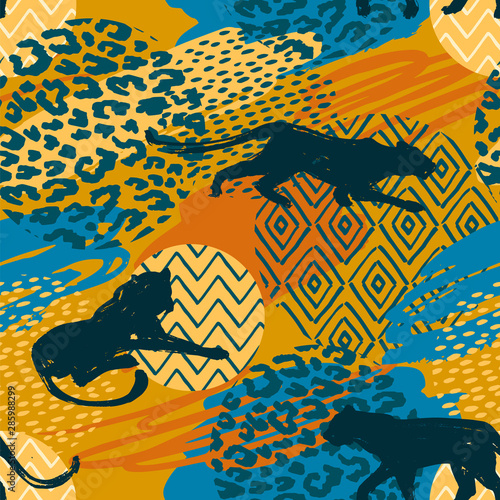 Photography Seamless exotic pattern with abstract silhouettes of wild cats.