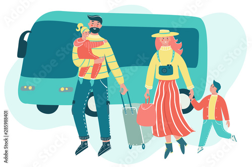 Family traveling together with luggage and bus on the backdrop. Mother, father and children go on vacation. Parents with children have fun together.