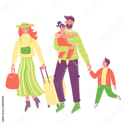 Family traveling together with luggage on isolated background. Mother, father and children go on vacation. Parents with children have fun together.