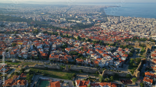 Aerial drone photo of iconic byzantine Eptapyrgio or Yedi Kule medieval fortress overlooking city of Salonica or Thessaloniki, North Greece