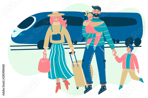 Family traveling together with luggage and train on the backdrop. Mother, father and children go on vacation. Parents with children have fun together.  O