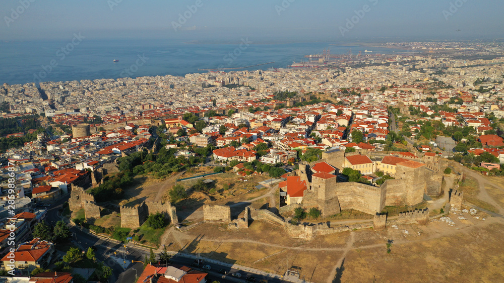 Fototapeta premium Aerial drone photo of iconic byzantine Eptapyrgio or Yedi Kule medieval fortress overlooking city of Salonica or Thessaloniki, North Greece