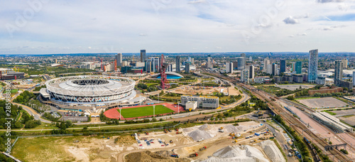 Fototapeta Naklejka Na Ścianę i Meble -  August 10, 2019. London, UK. Aerial view of the Olympic park in London with the the Olympic Stadium and the ArcellorMittal Orbit tower.
