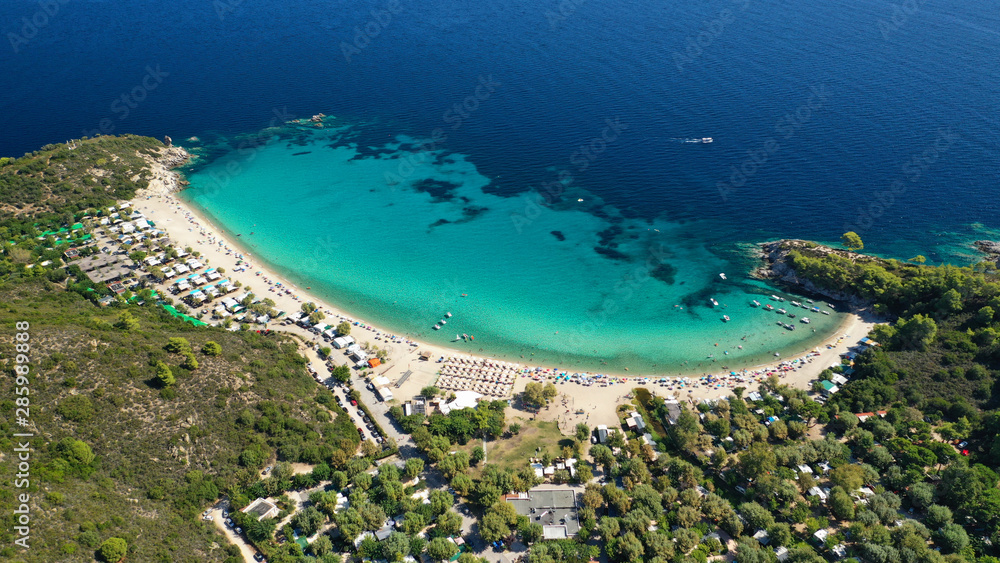 Aerial drone photo of famous turquoise sandy beach of Armenistis in South Sithonia peninsula, Halkidiki, North Greece