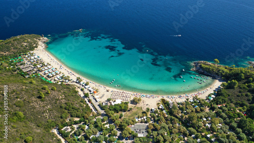 Aerial drone photo of famous turquoise sandy beach of Armenistis in South Sithonia peninsula  Halkidiki  North Greece