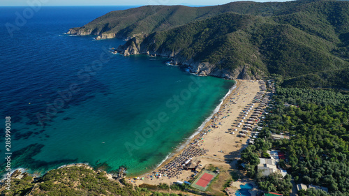 Aerial drone photo of famous emerald sandy beaches of Kalamitsi in South Sithonia peninsula, Halkidiki, North Greece