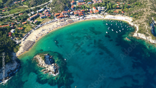Aerial drone photo of famous emerald sandy beaches of Kalamitsi in South Sithonia peninsula, Halkidiki, North Greece