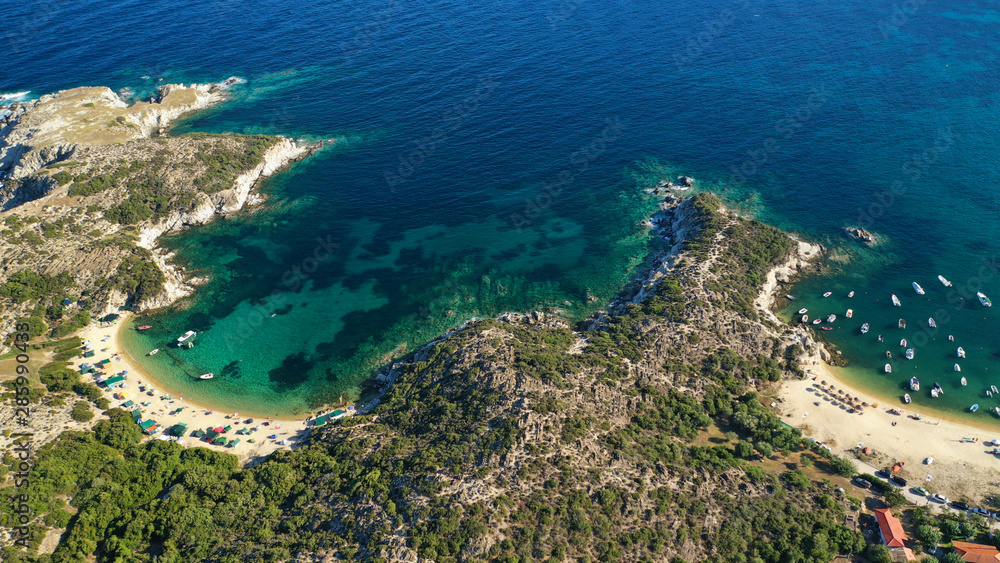 Aerial drone photo of famous emerald sandy beaches of Kalamitsi in South Sithonia peninsula, Halkidiki, North Greece Aerial drone photo of famous emerald sandy beaches of Kalamitsi in South Sithonia peninsula, Halkidiki, North Greece