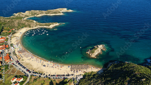 Aerial drone photo of famous emerald sandy beaches of Kalamitsi in South Sithonia peninsula  Halkidiki  North Greece
