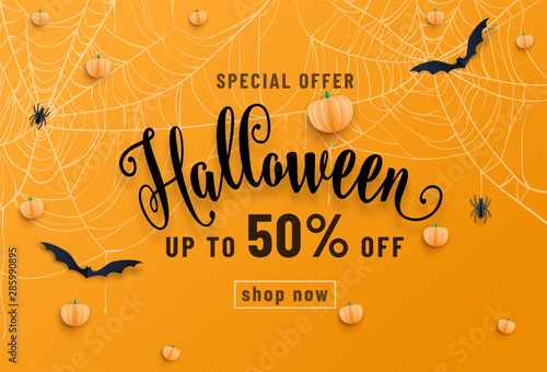 Halloween sale banner, party invitation concept background. Holiday design with bats, spider, cobweb, pumpkin, lettering font text. Paper cut style. Vector illustration