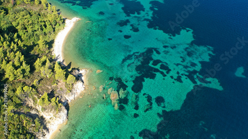 Fototapeta Naklejka Na Ścianę i Meble -  Aerial drone photo of secluded turquoise sandy beaches of South Sithonia peninsula, Halkidiki, North Greece