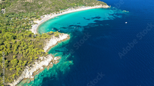 Aerial drone photo of secluded turquoise sandy beaches of South Sithonia peninsula  Halkidiki  North Greece