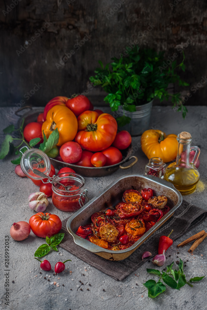 Tomato sauce making process with baked tomatoes, copy space Tomato sauce making process with baked tomatoes, copy space