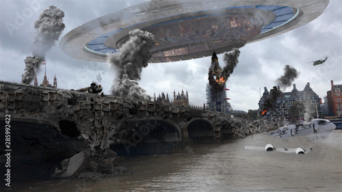 Foto Alien Spaceship Invasion Over Destroyed London City Illustrattion