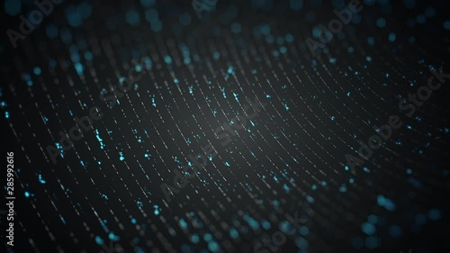 Abstract background with animation of technology data transfer in optical fibers or different abstract cables as glow lines and glow particles. Animation of seamless loop.