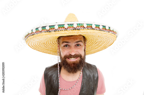 Celebrate traditional mexican holiday. Mexican party concept. Guy happy cheerful festive outfit ready to celebrate. Man bearded cheerful guy wear sombrero mexican hat. Mexican melody drives him