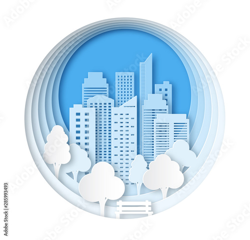 Paper landscape art style in the winter city and park. Layered design outdoor recreation. Bench by the tree. Abstract white background of the round form with skyscrapers and trees.