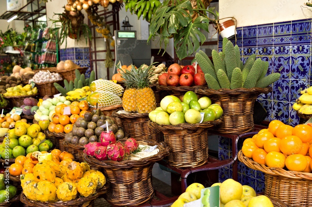 Colored fruits and vegetables in a fruit and vegetable market (Funchal, Madeira, Portugal)