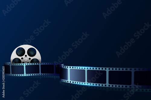 Cinema film strip wave and film reel isolated on blue background. 3d movie art blank for cinema festival. Design element template can be used for advertising, backdrop, brochure, ticket