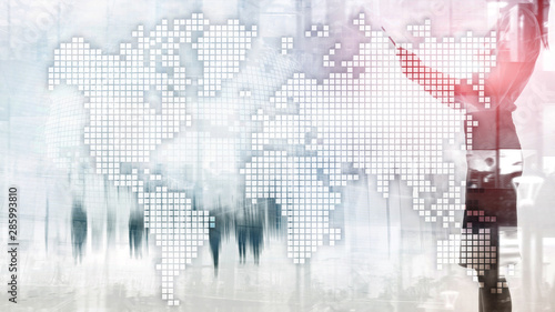 Double exposure world map on skyscraper background. Communication and global business concept