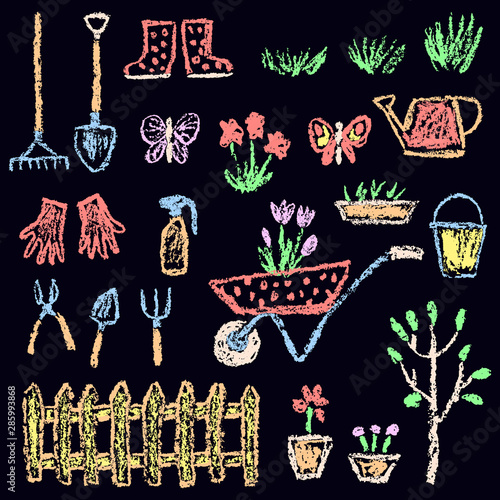Gardening tools set on black board. Garden or farm instruments. Like child hand drawing. Crayon, pencil or pastel chalk isolated vector flower, watering can, shovel, fence, cart, plant, rake