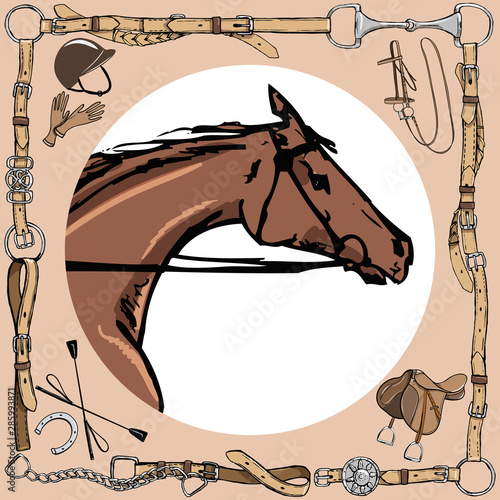 Horse snout in leather belt frame. English equestrian sport style with bit  bridle  saddle  helmet  gloves  whip. Equine vector hand drawn vintage art like silk scarf.