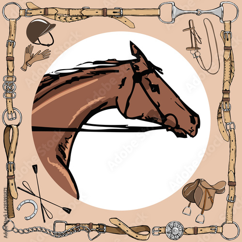 Horse snout in leather belt frame. English equestrian sport style with bit, bridle, saddle, helmet, gloves, whip. Equine vector hand drawn vintage art like silk scarf.