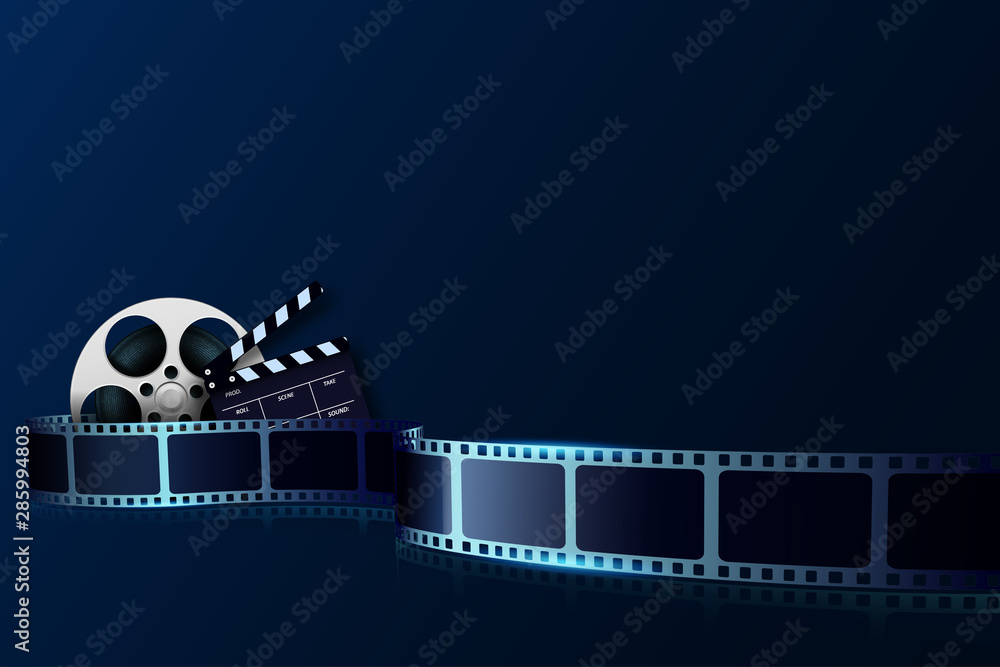 Cinema film strip wave, film reel and clapper board isolated on blue background. 3d Movie and film cinema festival poster. Design element template can be used for advertising, backdrop, brochure