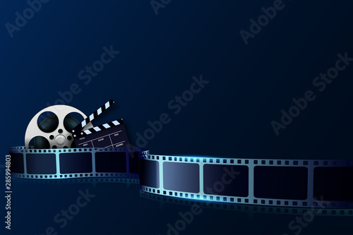 Cinema film strip wave, film reel and clapper board isolated on blue background. 3d Movie and film cinema festival poster. Design element template can be used for advertising, backdrop, brochure
