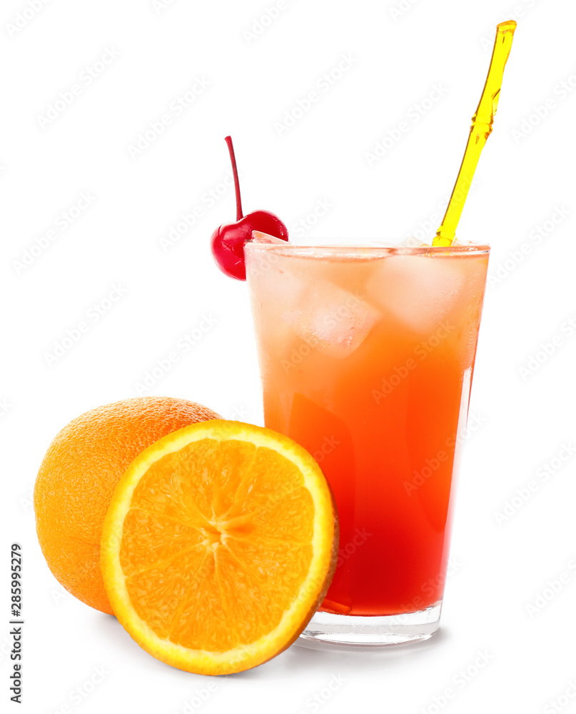 Glass of tasty summer cocktail on white background Glass of tasty summer cocktail on white background