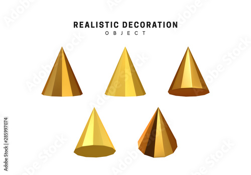 Set cones with golden color. Realistic geometric shapes. decorative design elements isolated white background. 3d objects cone-shaped gold color. vector illustration.