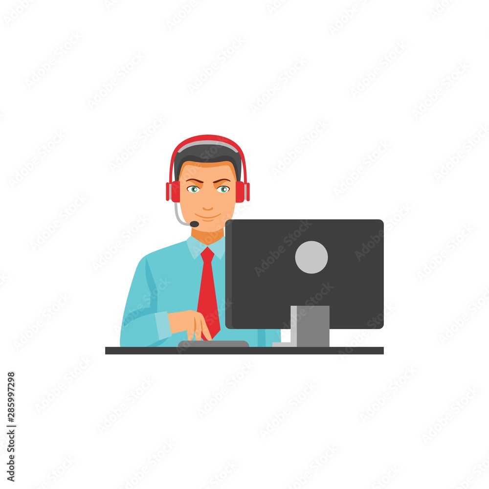 Customer service employee with headphones on white Customer service employee with headphones on white