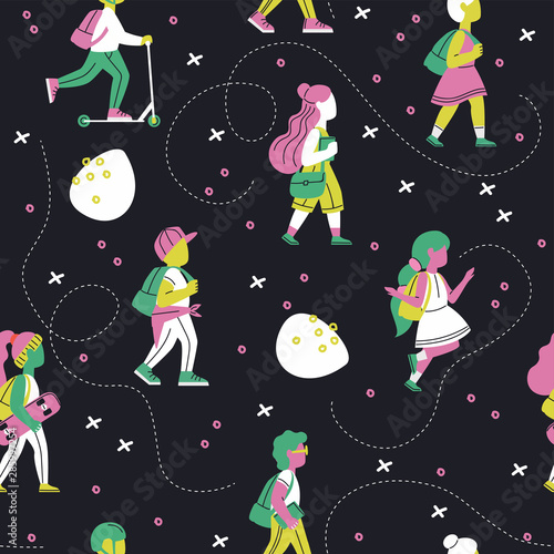Funny seamless pattern with walking children. Colorful pupils on the dark background. Vector illustration