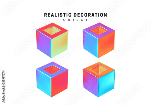 Set Cube. Square Realistic geometric shapes with holographic color gradient. Hologram decorative design elements isolated white background. 3d objects shaped blue color. vector illustration.
